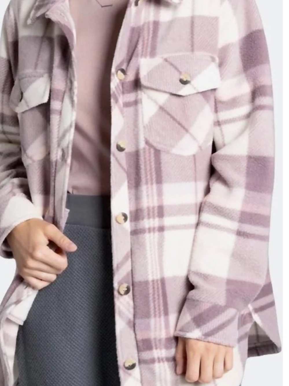 Thread & Supply Mauve and White Plaid Teddy Shacket